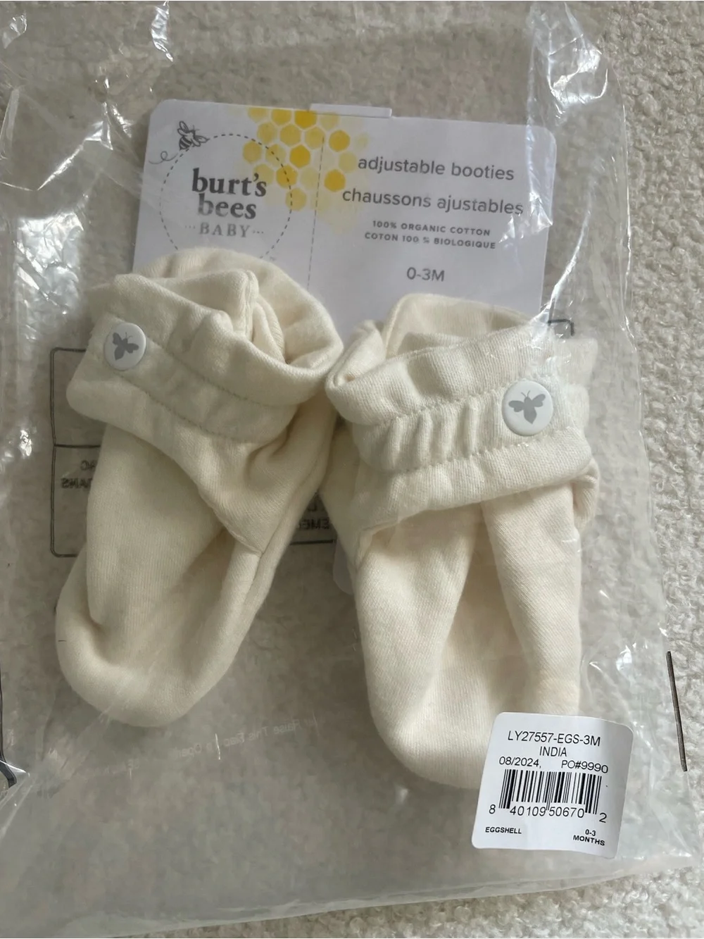 New Burt's Bees Baby Eggshell Soft Cotton Booties 0-3 Months